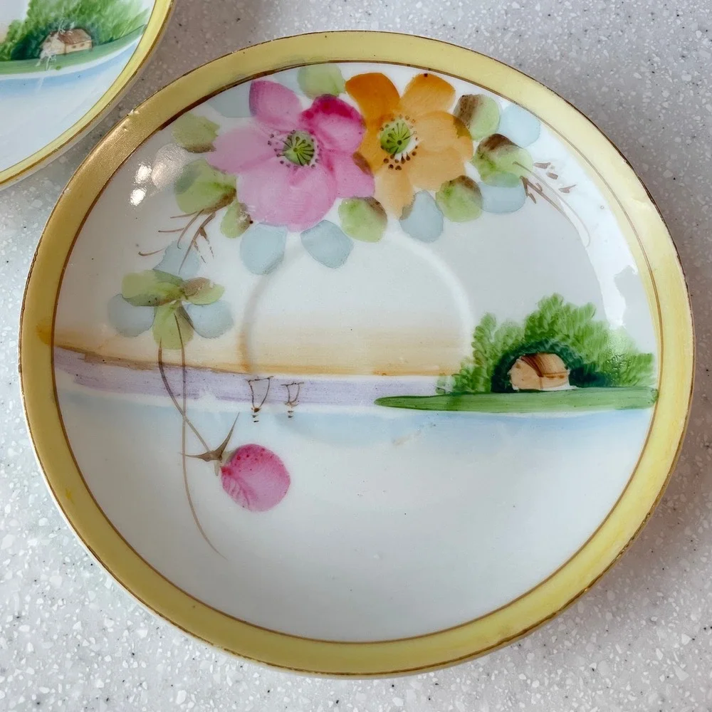 Vintage Takito TT Hand Painted Japan Saucers Floral Landscape Set of 2 5.5